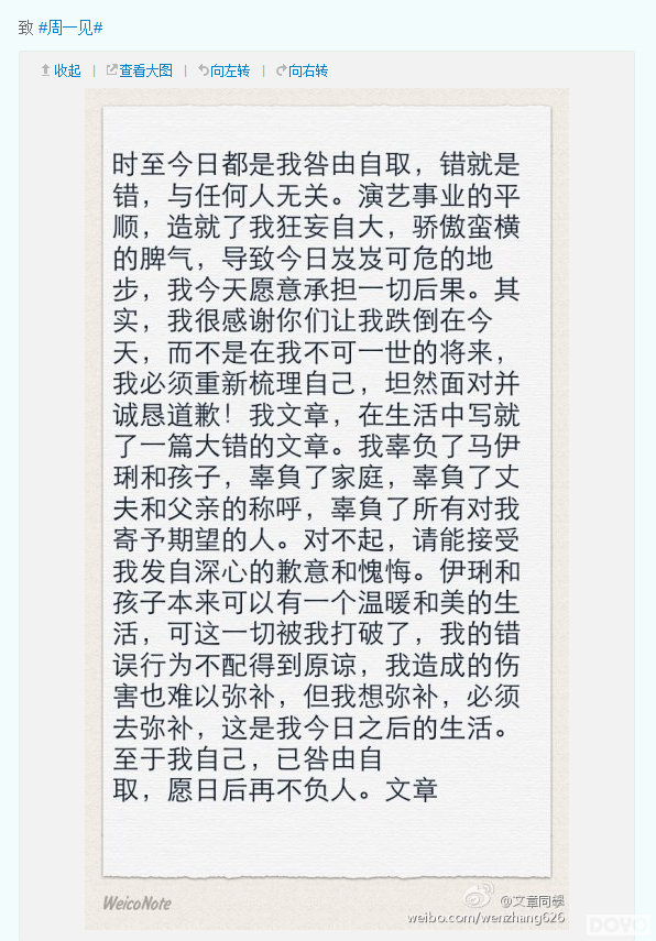 文章承认出轨：“日后再不负人”
