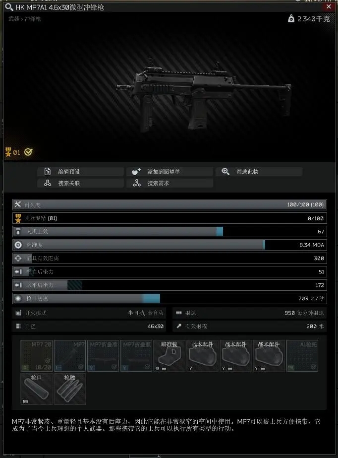 逃离塔科夫129版本MP7A1属性详情与面板分析